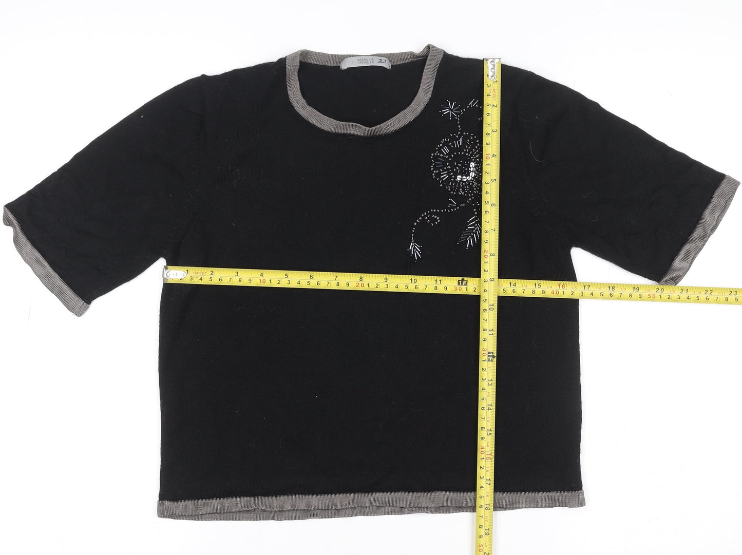Marks and Spencer Women's Black Beaded Wool Blend Short Sleeve Knit Top Size 12