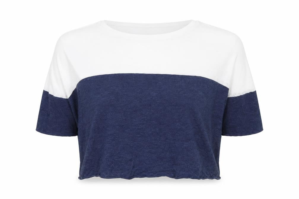 360 Sweater Women Blue White Linen Colourblock Cropped T-Shirt S
