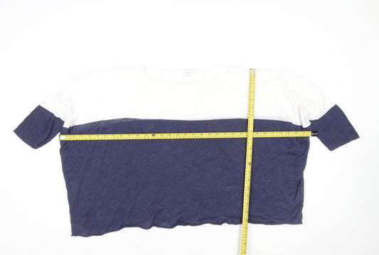 360 Sweater Women Blue White Linen Colourblock Cropped T-Shirt S
