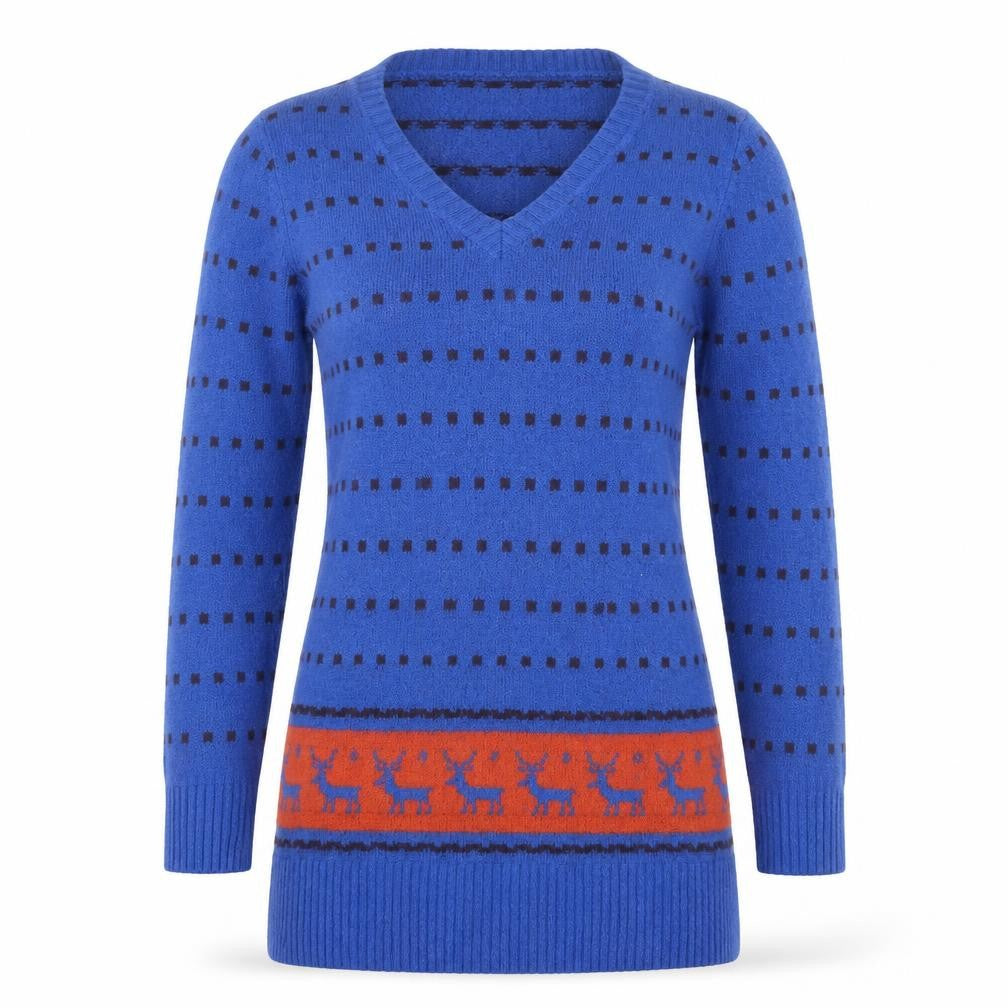 Azaka Women Blue V-Neck Long Sleeve Fair Isle Pullover Jumper