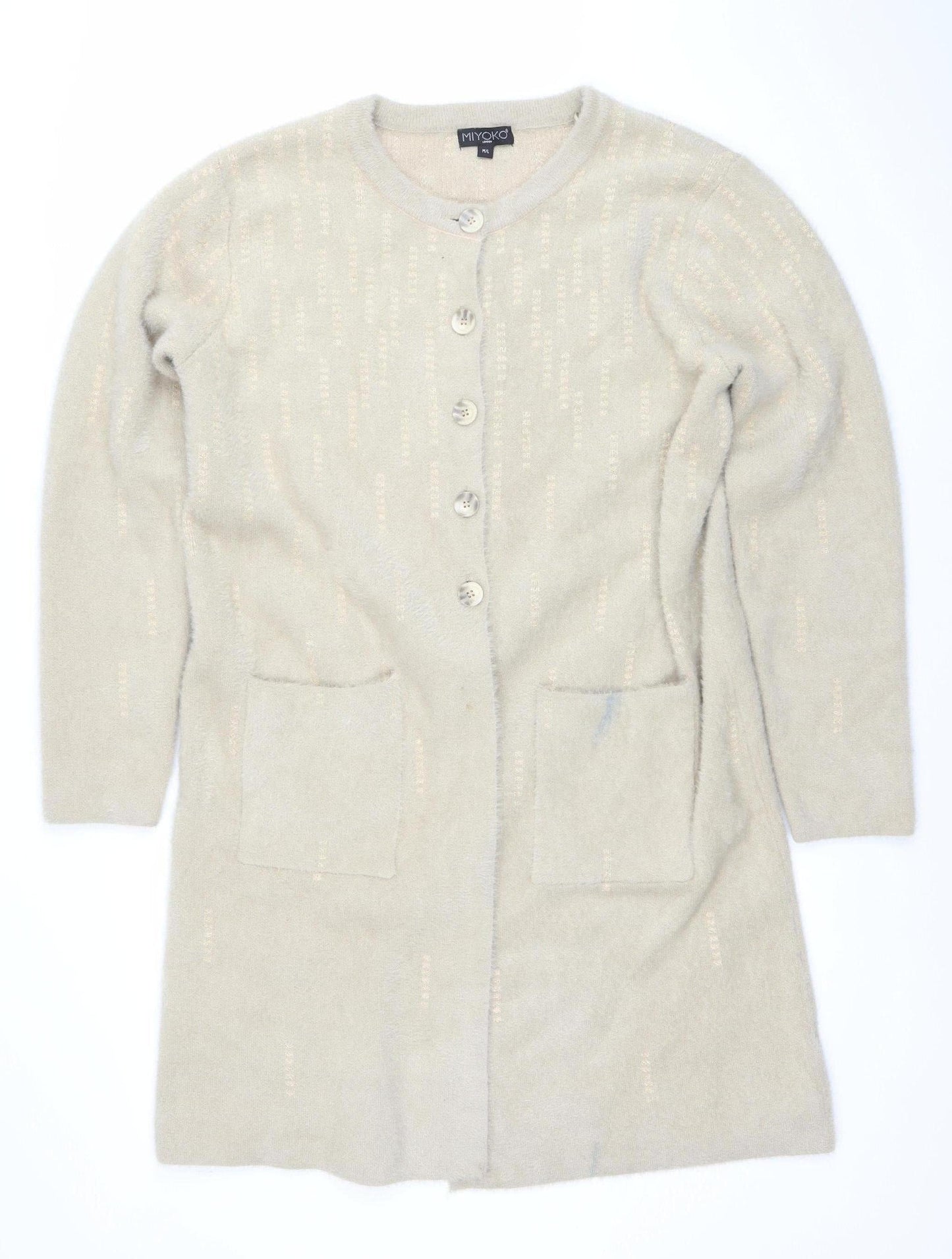 Miyoko Women Beige Knit Short Sleeve Cardigan M Lightweight Button