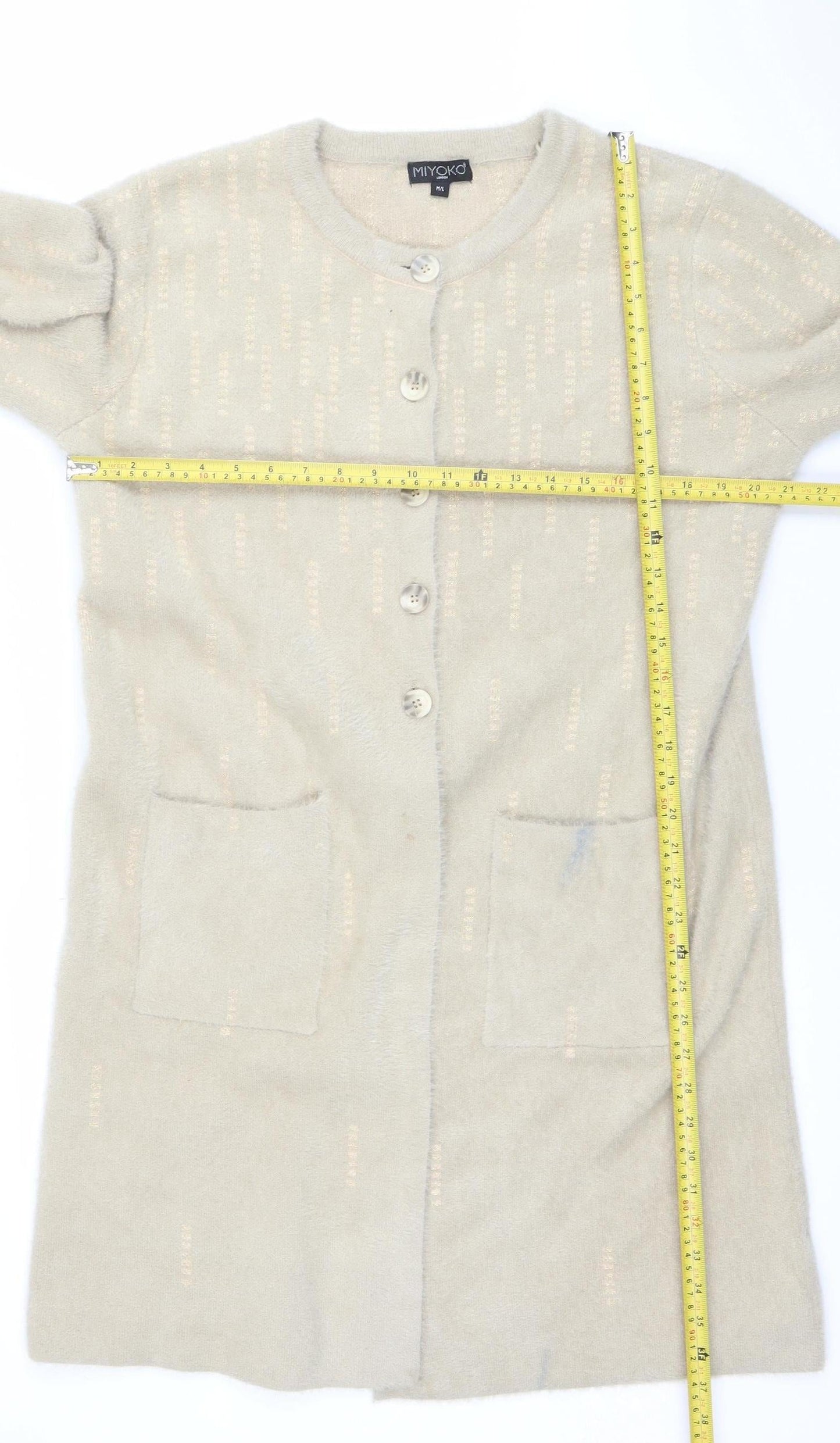 Miyoko Women Beige Knit Short Sleeve Cardigan M Lightweight Button