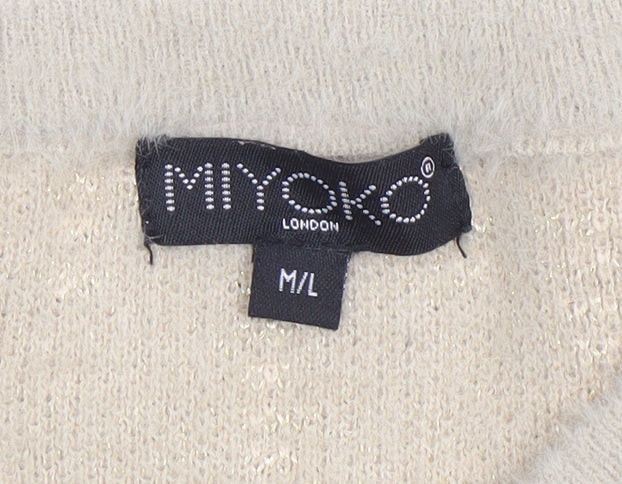 Miyoko Women Beige Knit Short Sleeve Cardigan M Lightweight Button