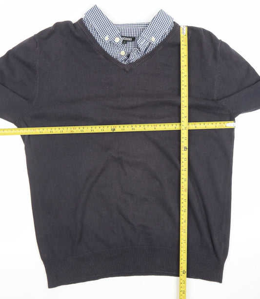 Peacocks Men’s Black Long Sleeve V-Neck Collared Polo L Cotton