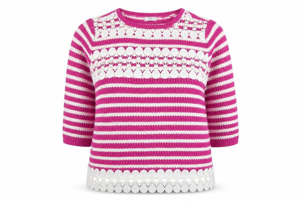 Cotton Traders Women’s Pink White Striped Crochet Trim Jumper Size 12
