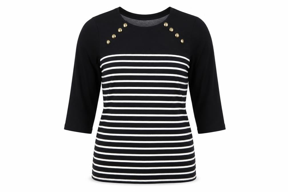 Zara Women Black Striped Button Detail 3/4 Sleeve T-Shirt Size 14