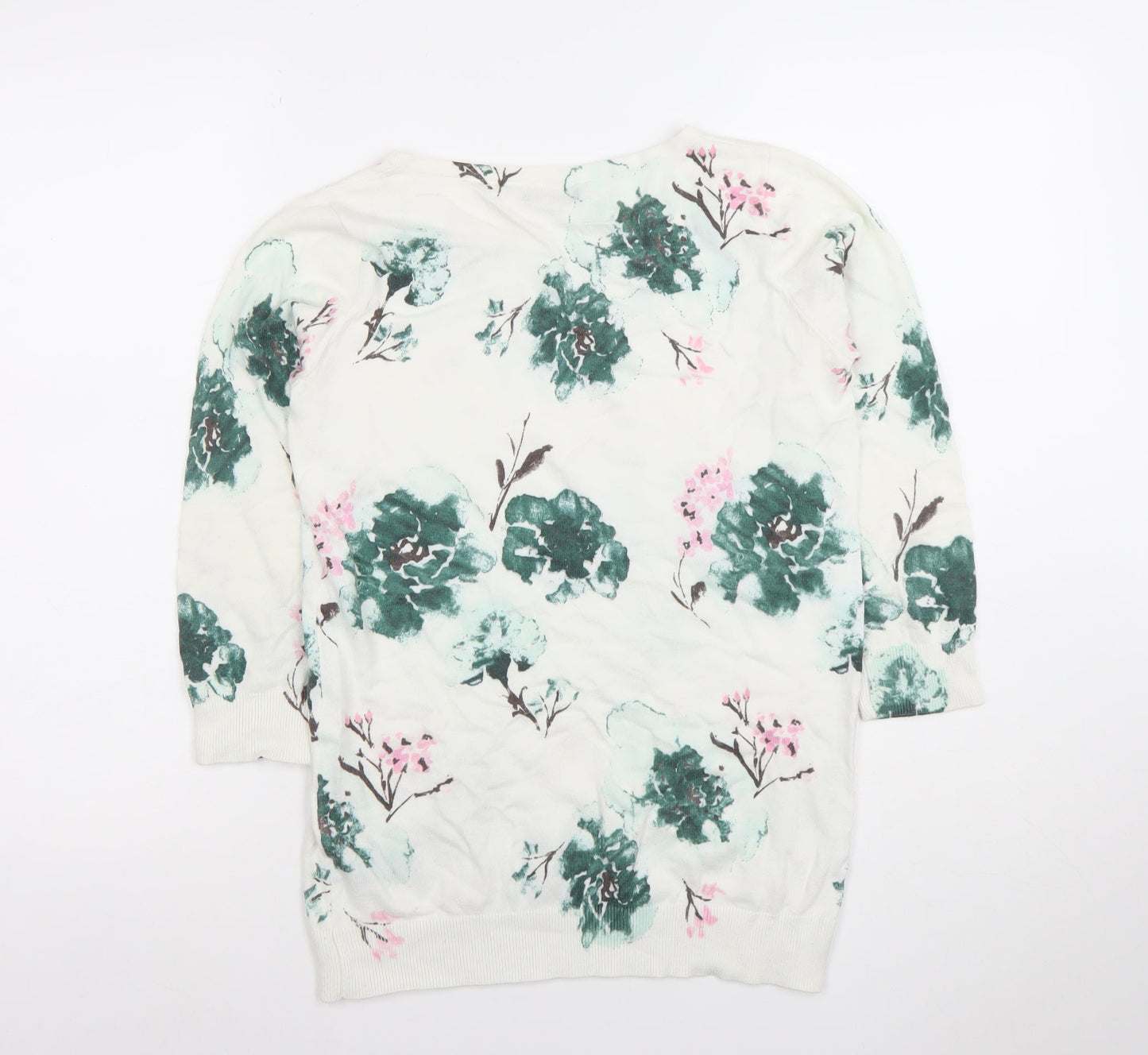 M&Co Women’s White Floral Knit Top Size 10 3/4 Sleeve Crew Neck