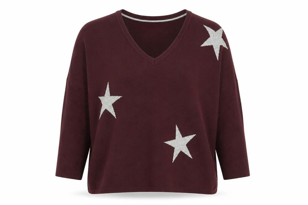DKNY Jeans Womens Burgundy V-Neck Star Knit Jumper Size M