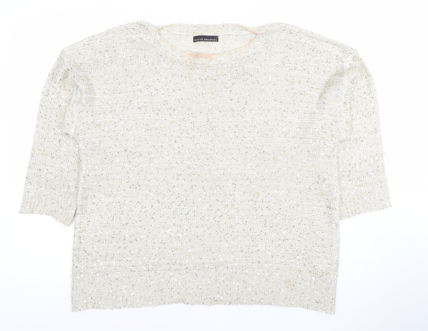 David Emanuel Womens Ivory Sequin Knit Pullover Jumper Size L