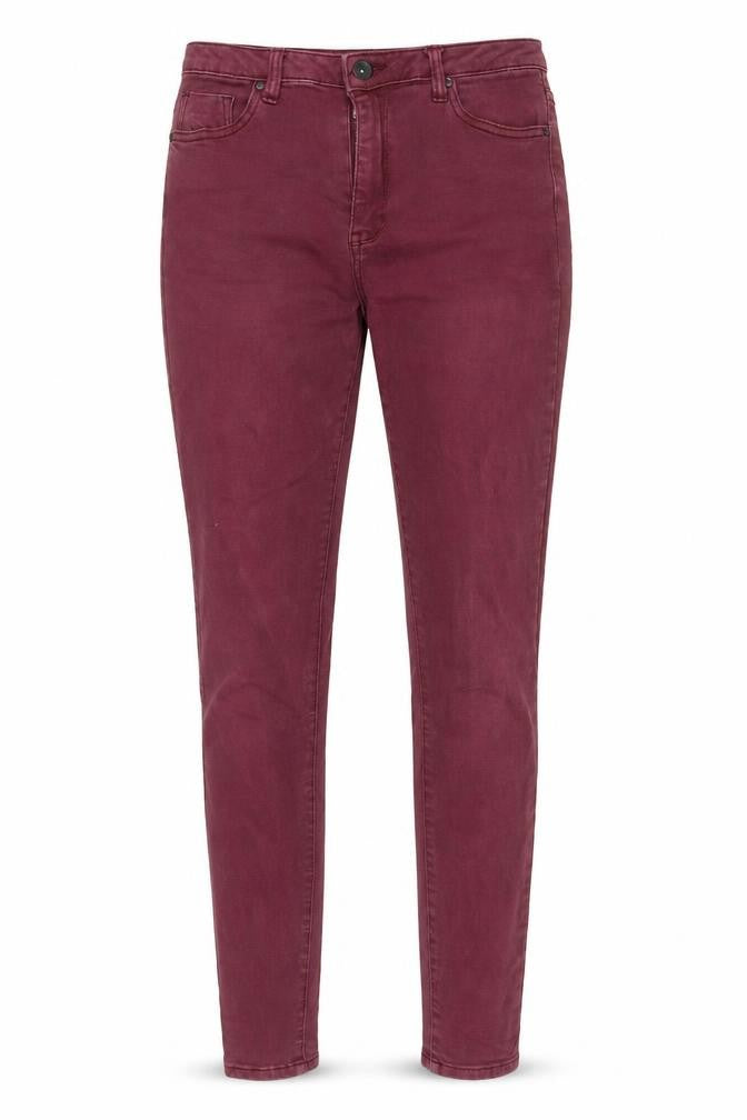 Front view of Toxik3 women’s red skinny stretch jeans, size UK 12 slim, fit denim