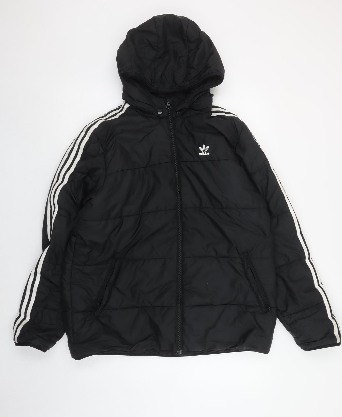 adidas Boys Black Hooded Puffer Jacket XL 16 Years Hooded Winter Coat