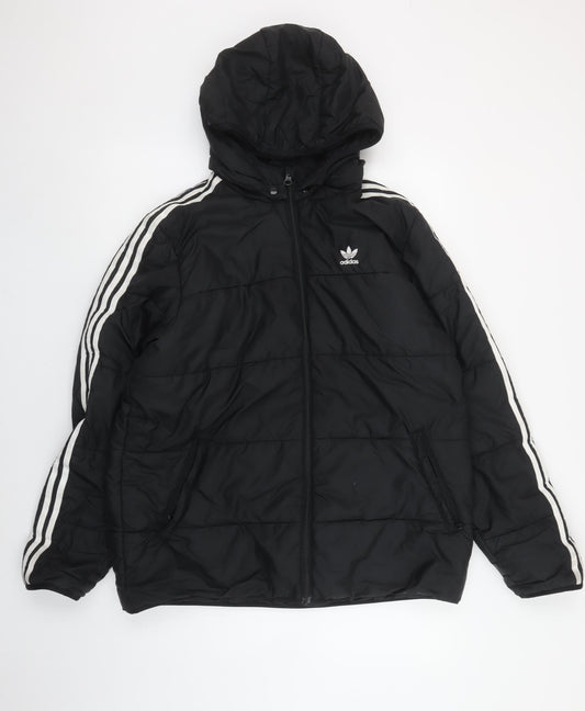 adidas Boys Black Hooded Puffer Jacket XL 16 Years Hooded Winter Coat