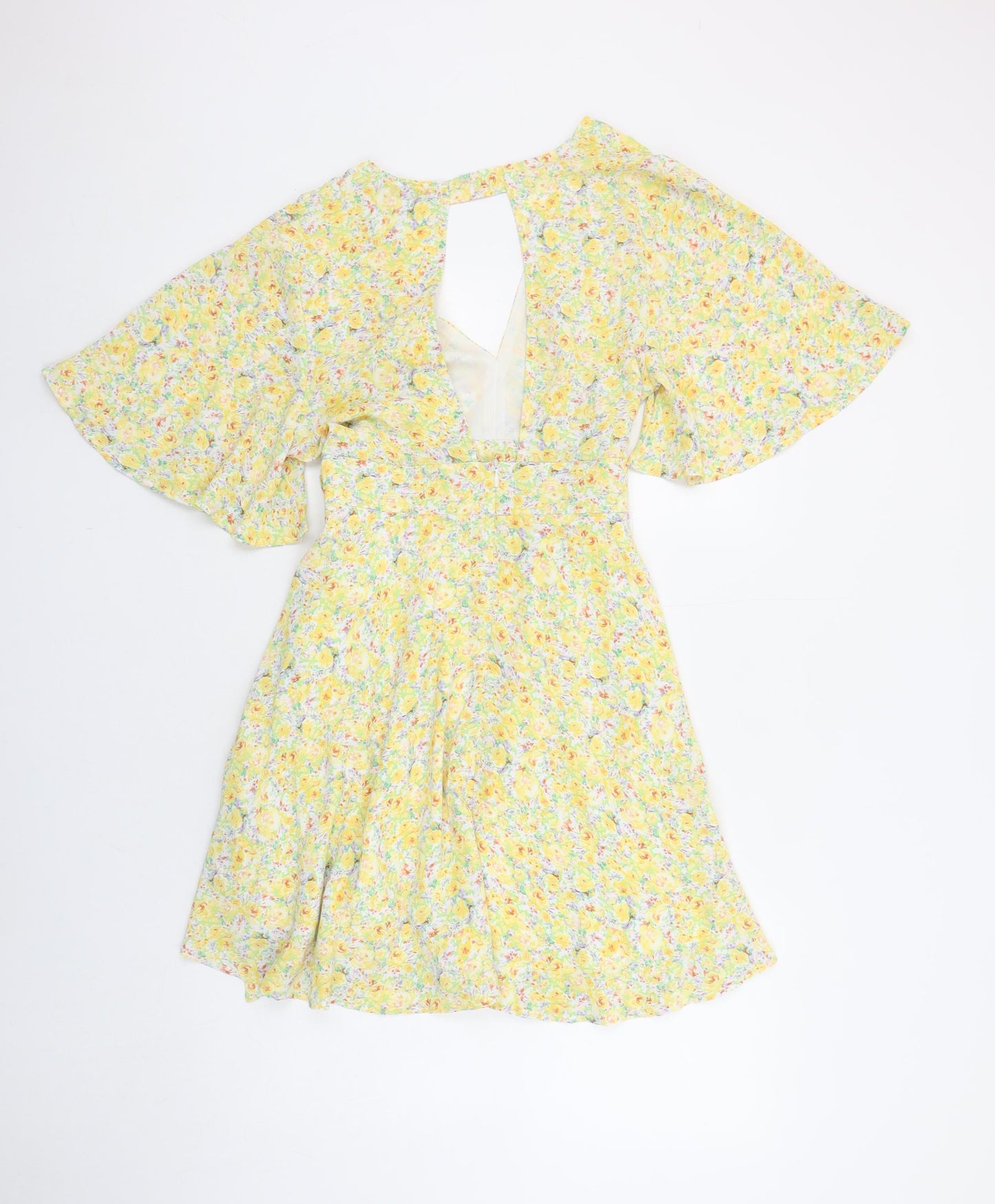 Vera & Lucy Women's Yellow Floral Wrap Short Dress Size S