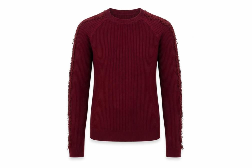 Front view of Matalan girls’ red ribbed lace long sleeve pullover top 12 years