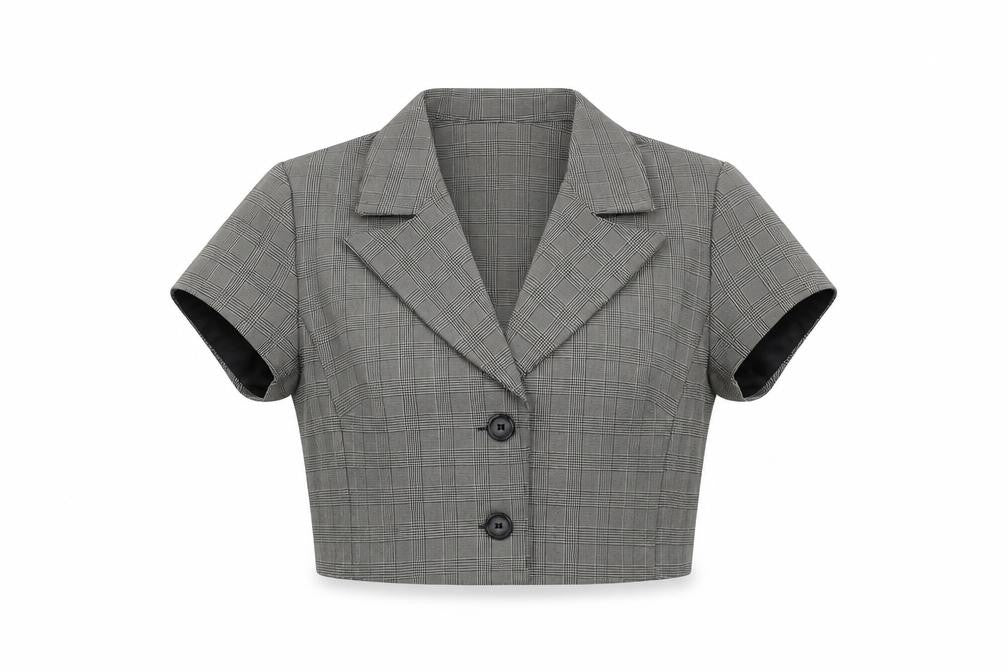 Karin Stevens Women's Grey Check Cropped Short Sleeve Suit Jacket Size 10