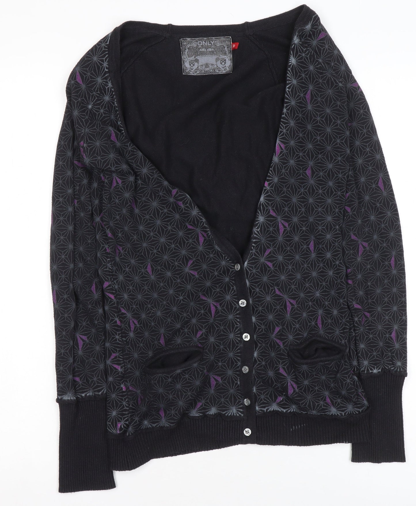 ONLY Women's Black Geometric Cardigan M V-Neck Button Front Knitwear