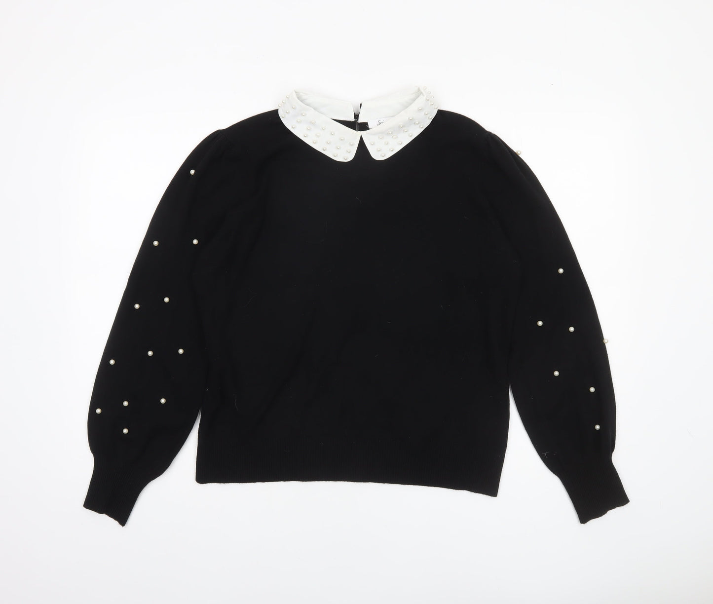 Siorvi Milano Women's Black Collared Beaded Sleeve Pullover Jumper Size L