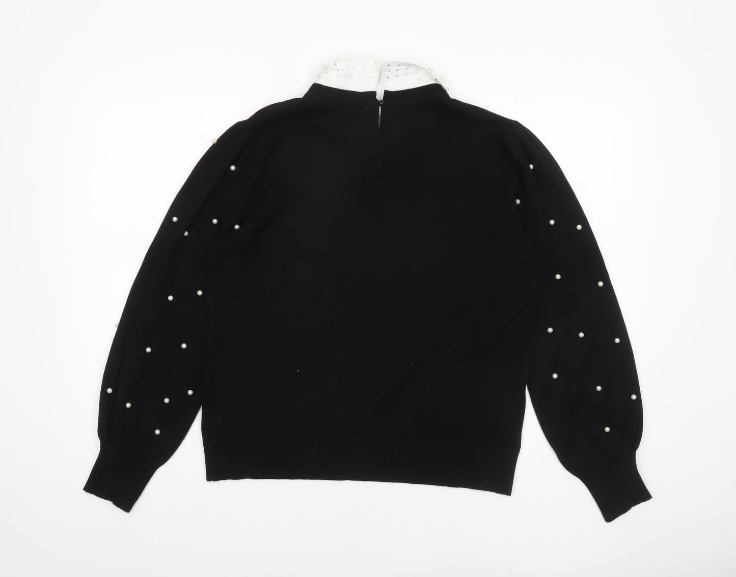 Siorvi Milano Women's Black Collared Beaded Sleeve Pullover Jumper Size L