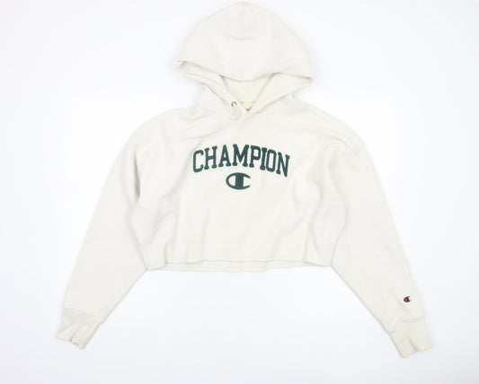 Champion Women's Beige Cropped Hoodie Small Fleece Logo