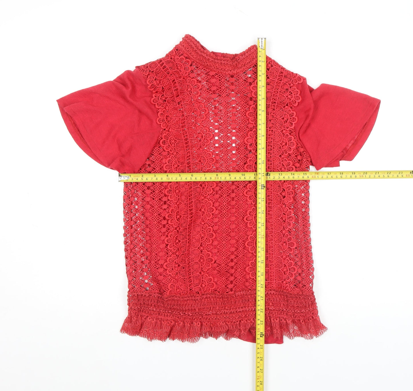 Gallery Red Lace High Neck Short Sleeve Women's Blouse Size 8