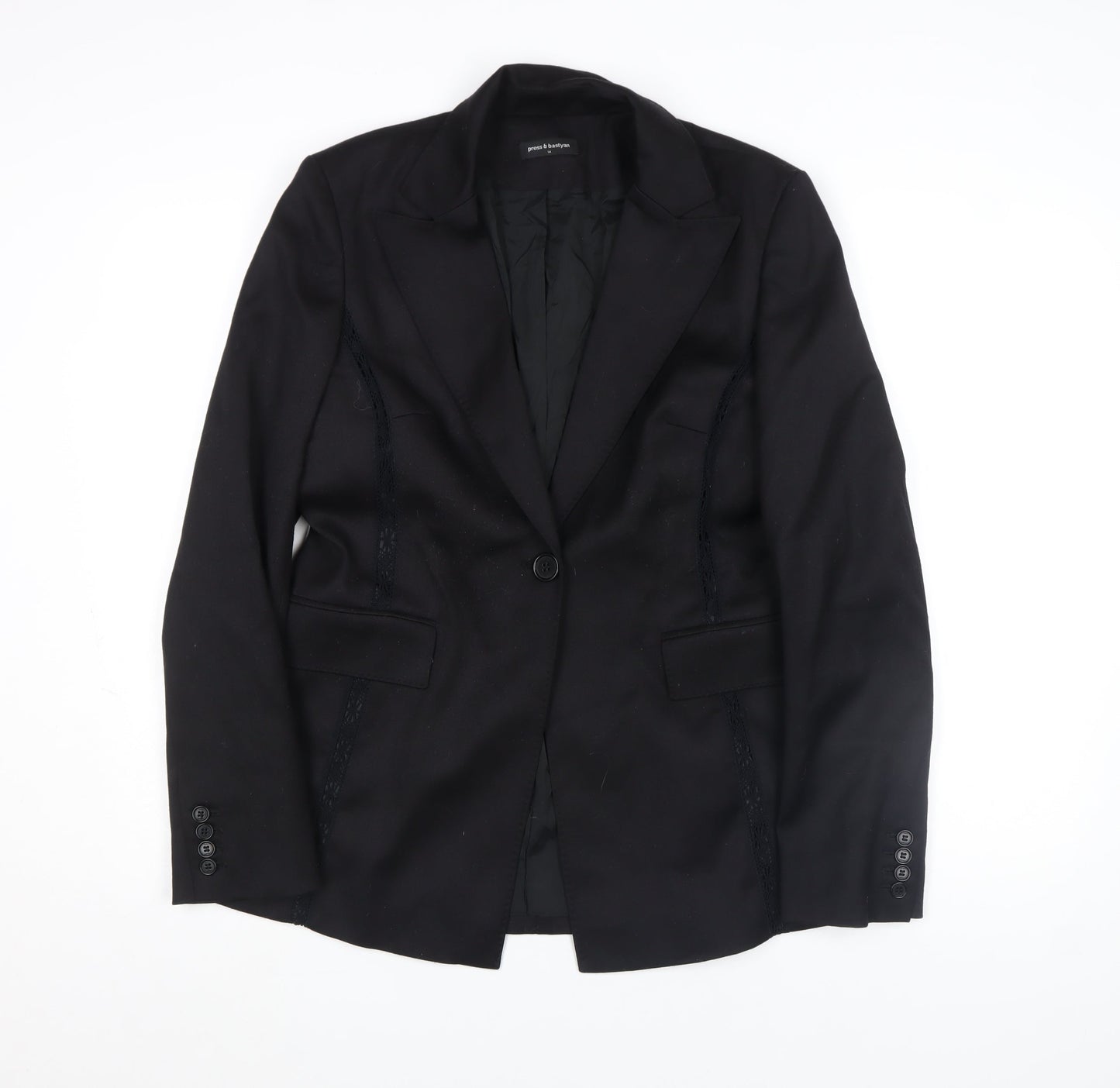 Press & Bastyan Womens Black Wool Blend Tailored Blazer Size 14