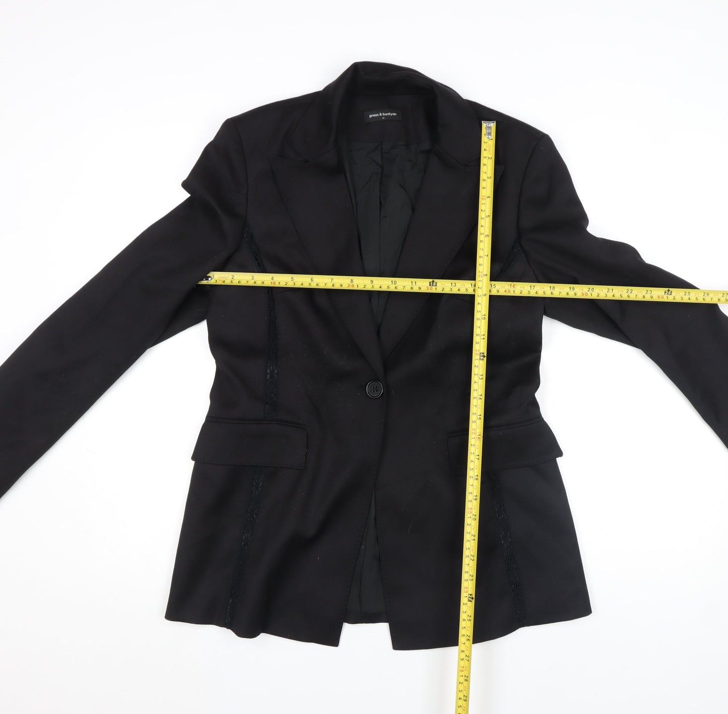 Press & Bastyan Womens Black Wool Blend Tailored Blazer Size 14