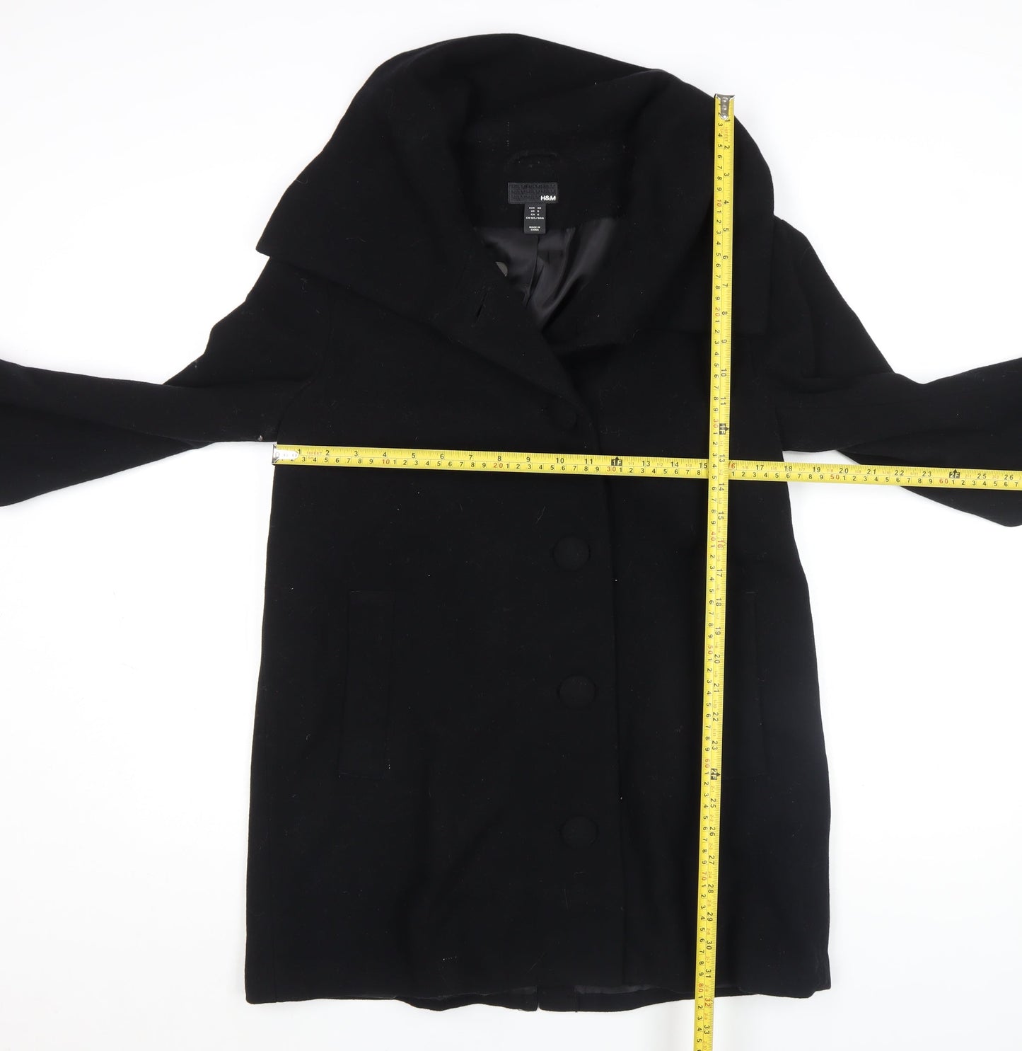 H&M Women’s Black Wool Blend Mid-Length Overcoat Size 8