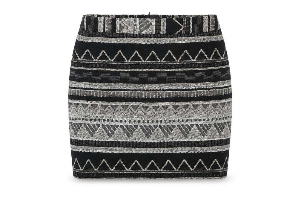 Front view of St. Bernard for Dunnes Stores women’s black geometric pencil skirt, size UK 10