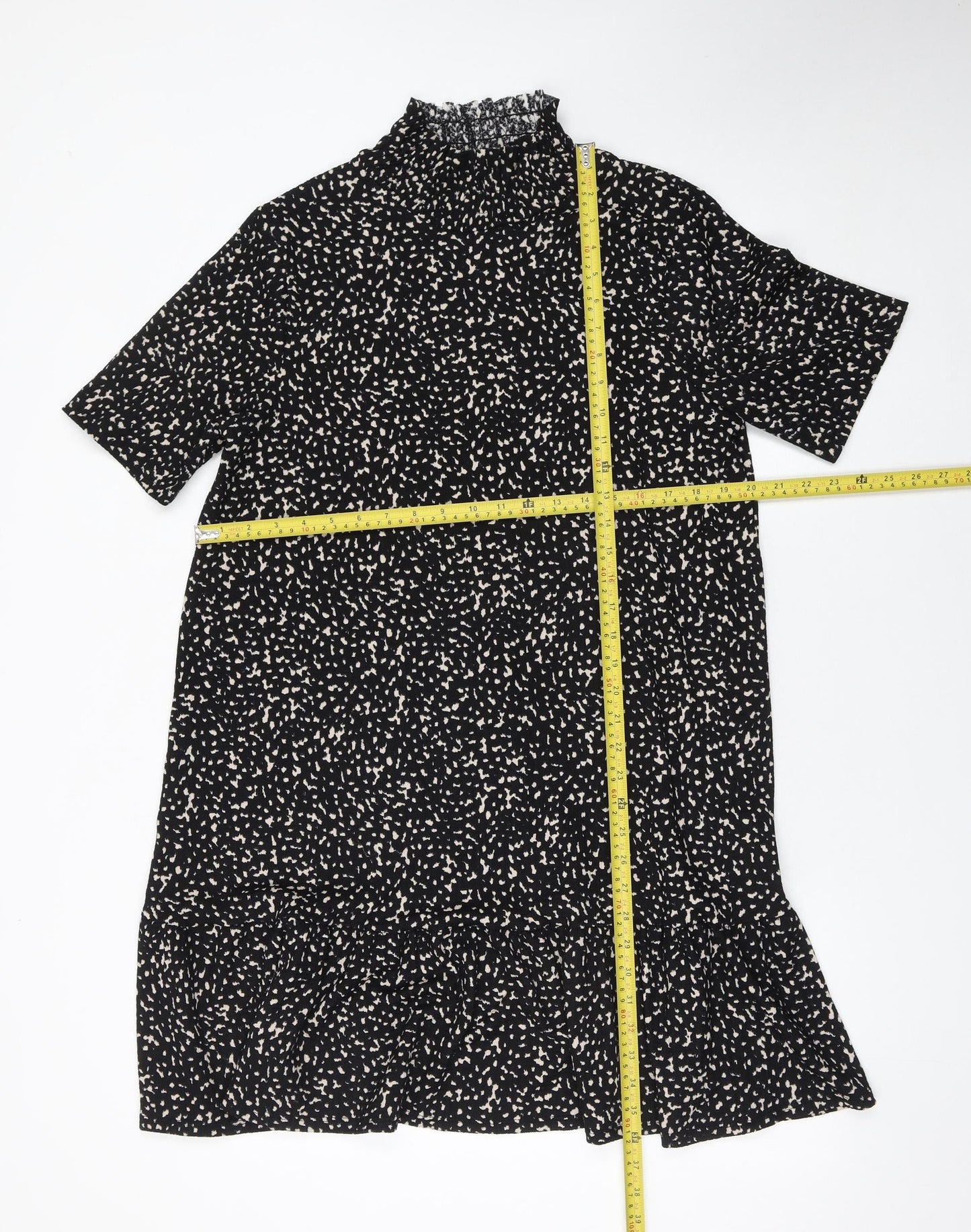 Zara Women Black Polka Dot Shift Dress L High Neck Short Sleeve