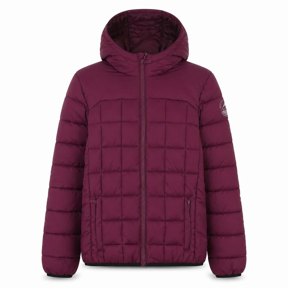 Front view of Surfanic girls’ purple hooded puffer jacket, size 164, winter quilted coat