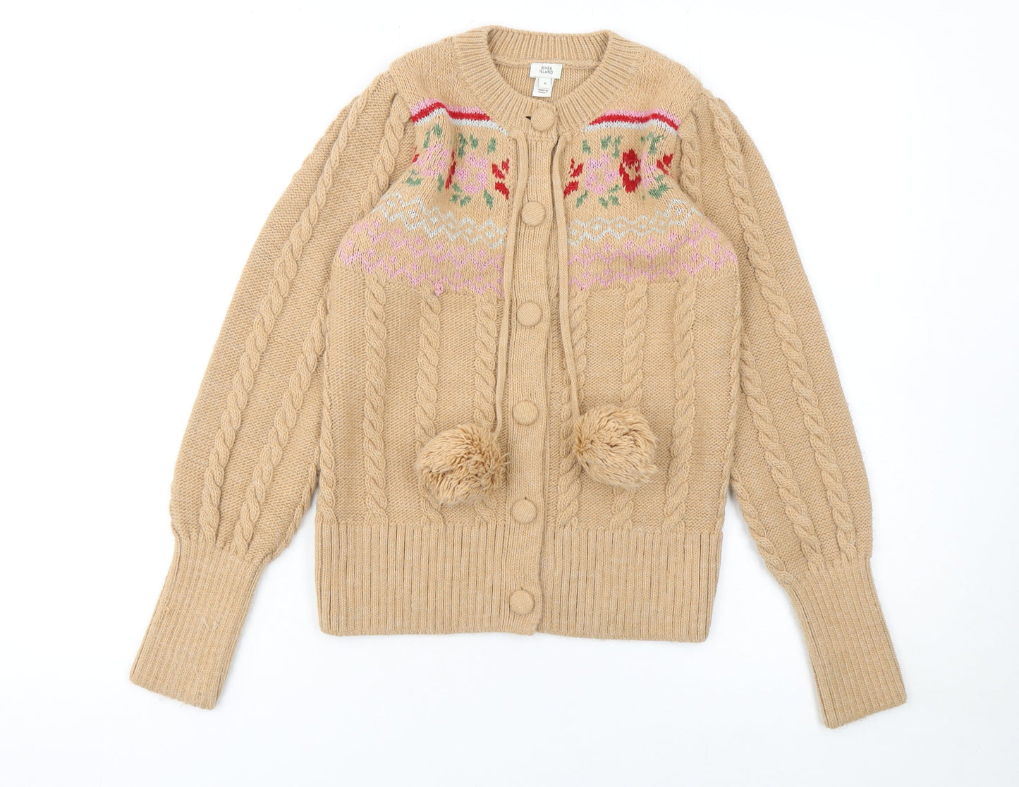 River Island Women Beige Cable-Knit Cardigan UK 8 Pom Pom Fair Isle
