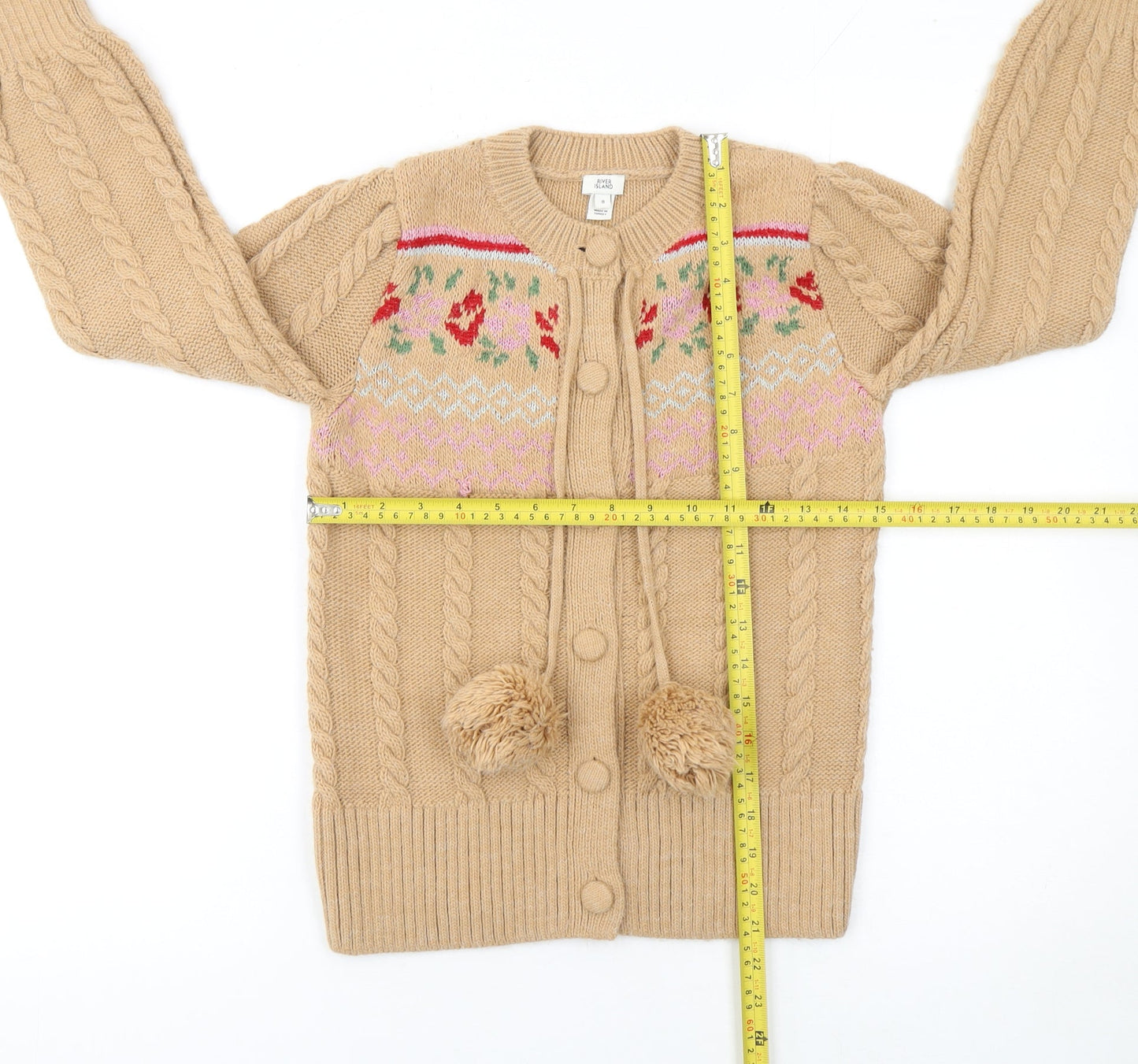 River Island Women Beige Cable-Knit Cardigan UK 8 Pom Pom Fair Isle
