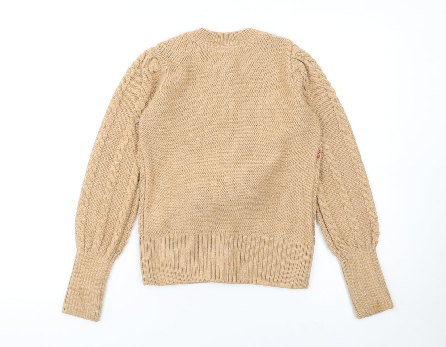 River Island Women Beige Cable-Knit Cardigan UK 8 Pom Pom Fair Isle
