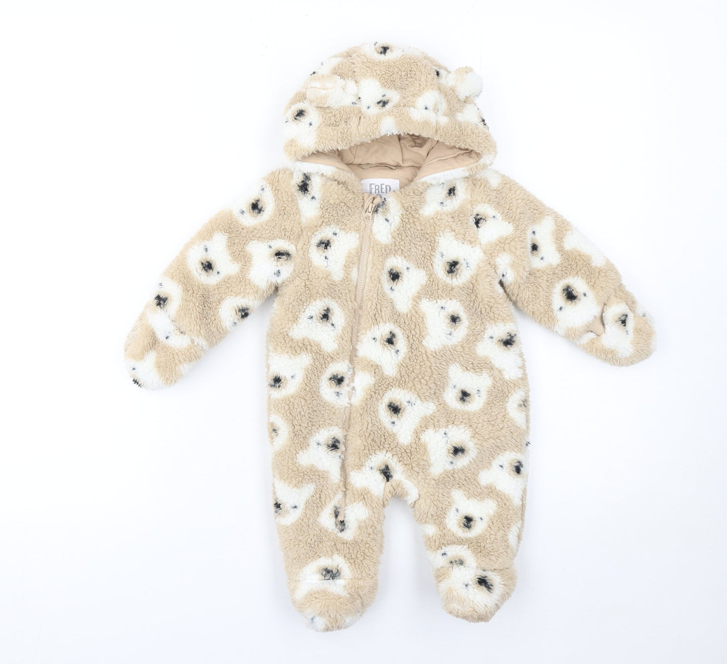 F&F Unisex Beige Teddy Fleece Hooded Babygrow 0-3 Months