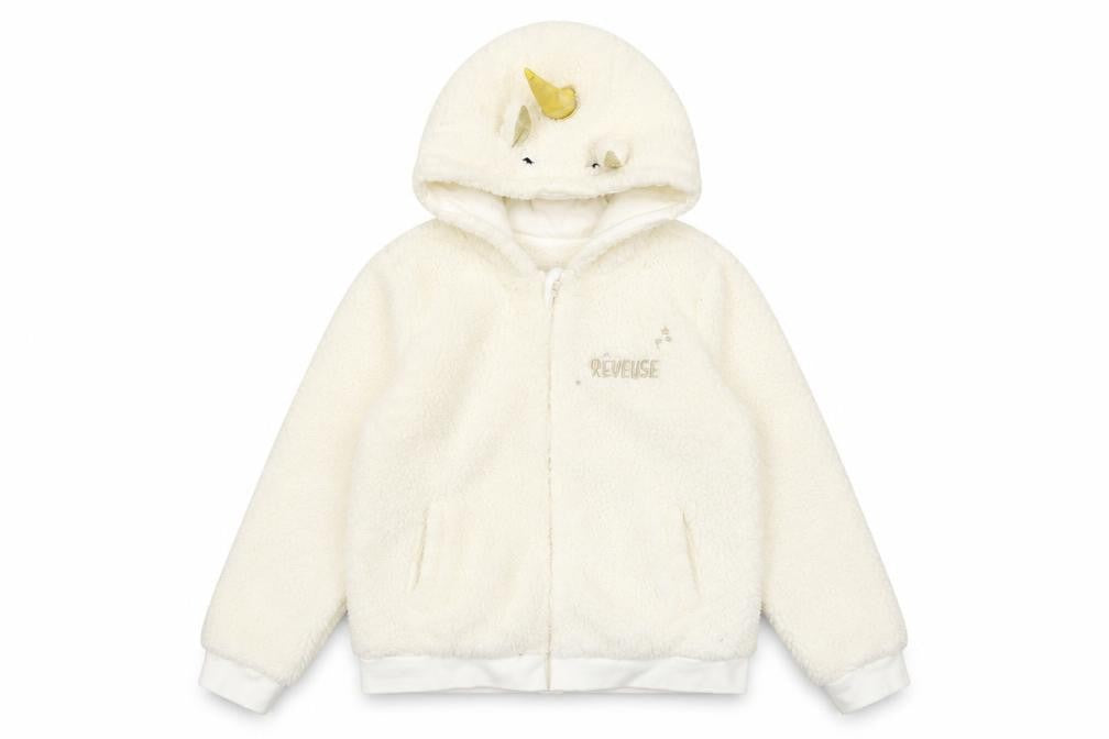 Front view of Reveuse girls’ ivory unicorn hooded fleece jacket age 8 long sleeve zip-up