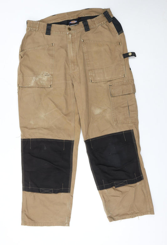 Dickies Men's Beige Cargo Workwear Trousers Size 36S Cotton Durable