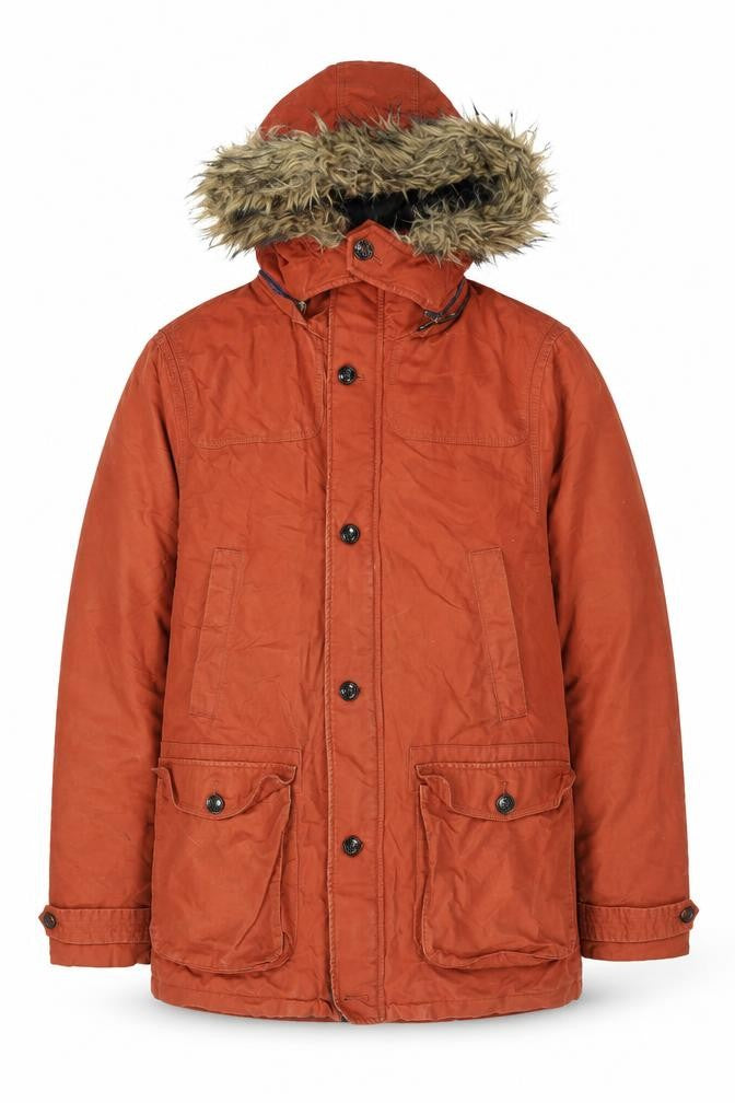 Ted Baker Men's Brown L Hooded Cotton Parka Coat with Faux Fur Trim