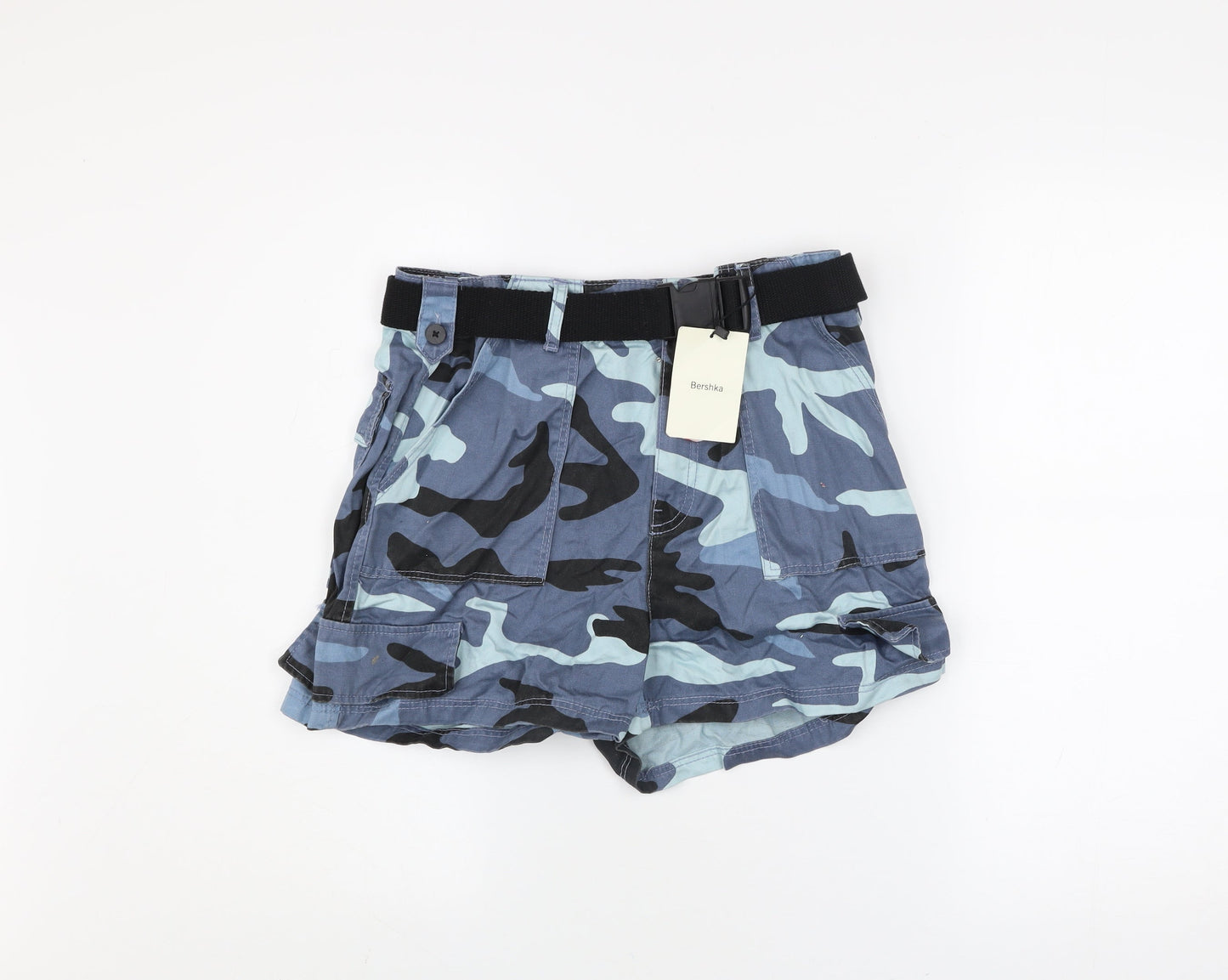 Bershka Women's Blue Camouflage Cargo Shorts Size 12 Cotton Belted