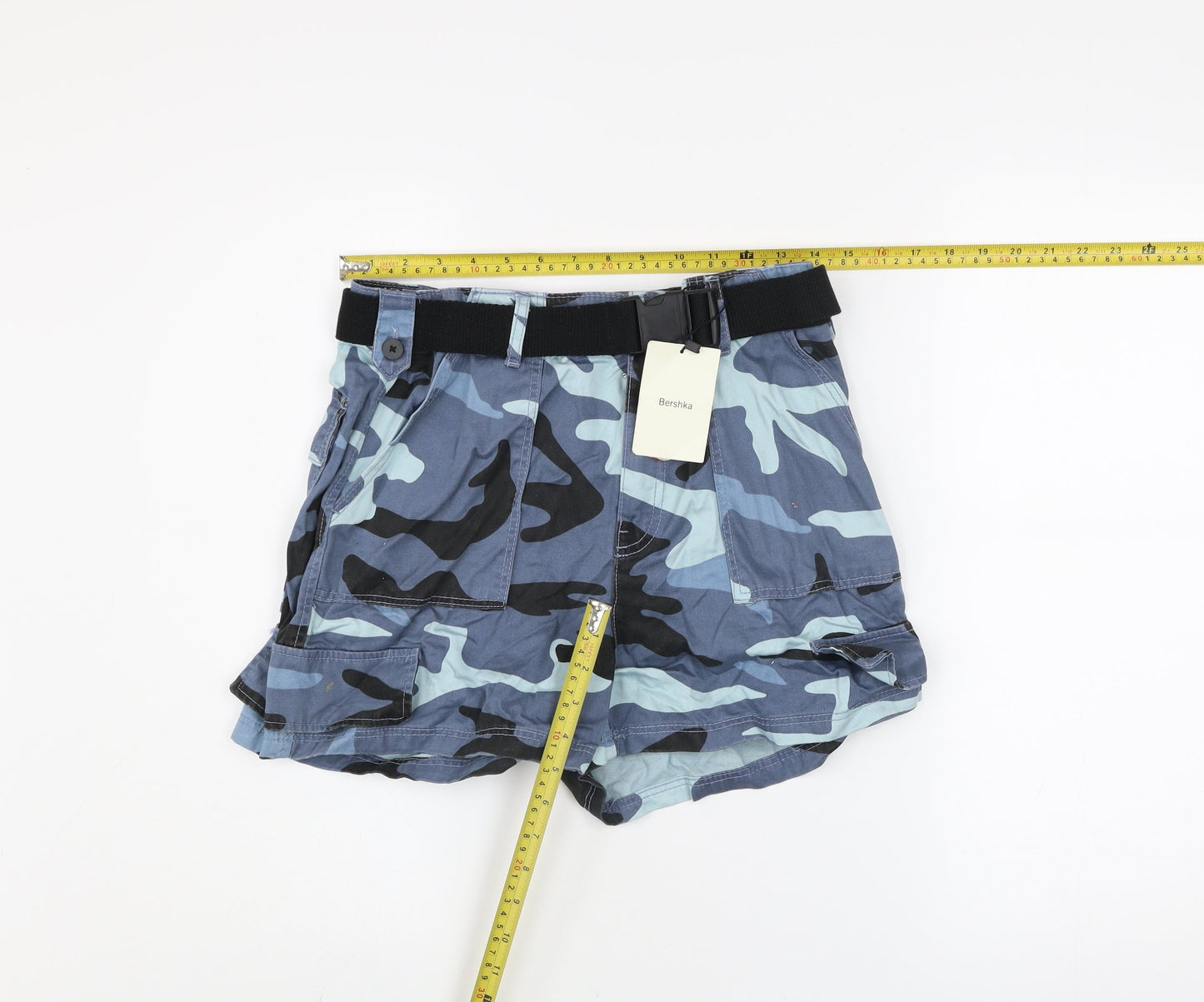 Bershka Women's Blue Camouflage Cargo Shorts Size 12 Cotton Belted
