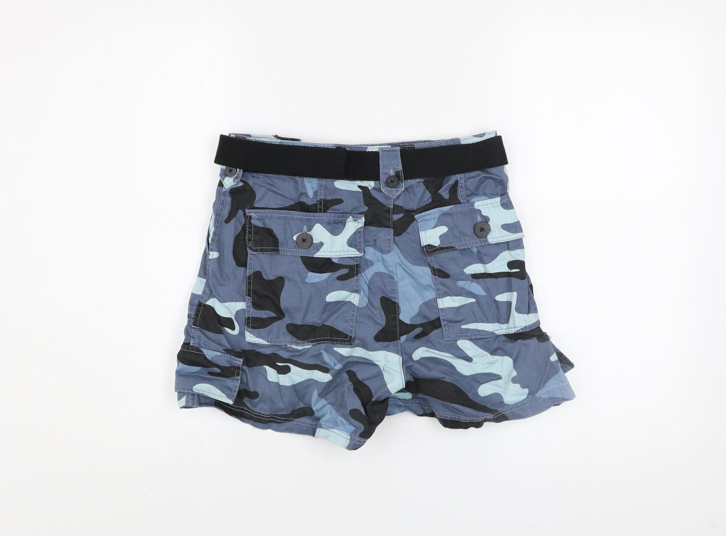 Bershka Women's Blue Camouflage Cargo Shorts Size 12 Cotton Belted