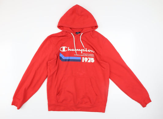 Champion Mens Red Pullover Hoodie Large Logo 1975 Graphic Sweatshirt