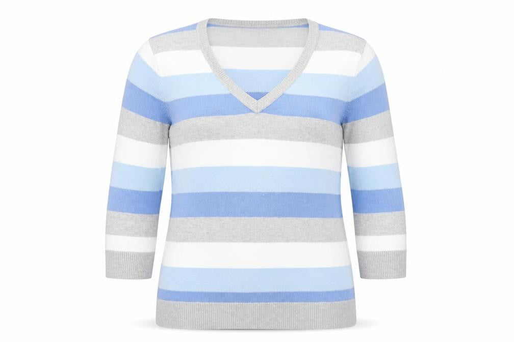 Brunella Women’s Blue Striped V-Neck Cotton Blend 3/4 Sleeve Top L