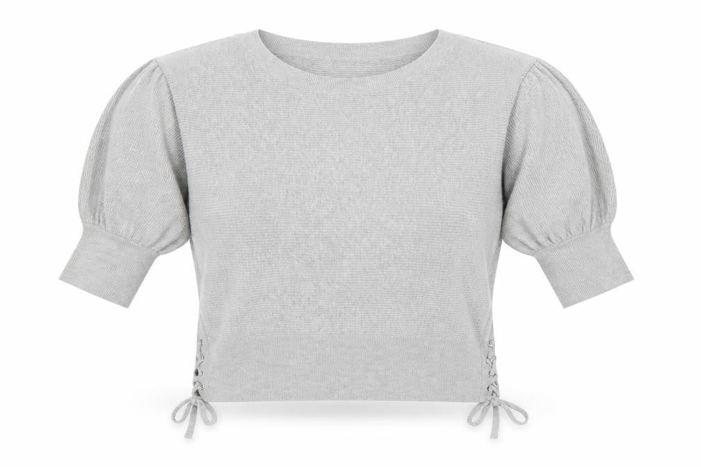 Gap Women’s Grey Cropped Knit Blouse S Short Sleeve Tie Detail