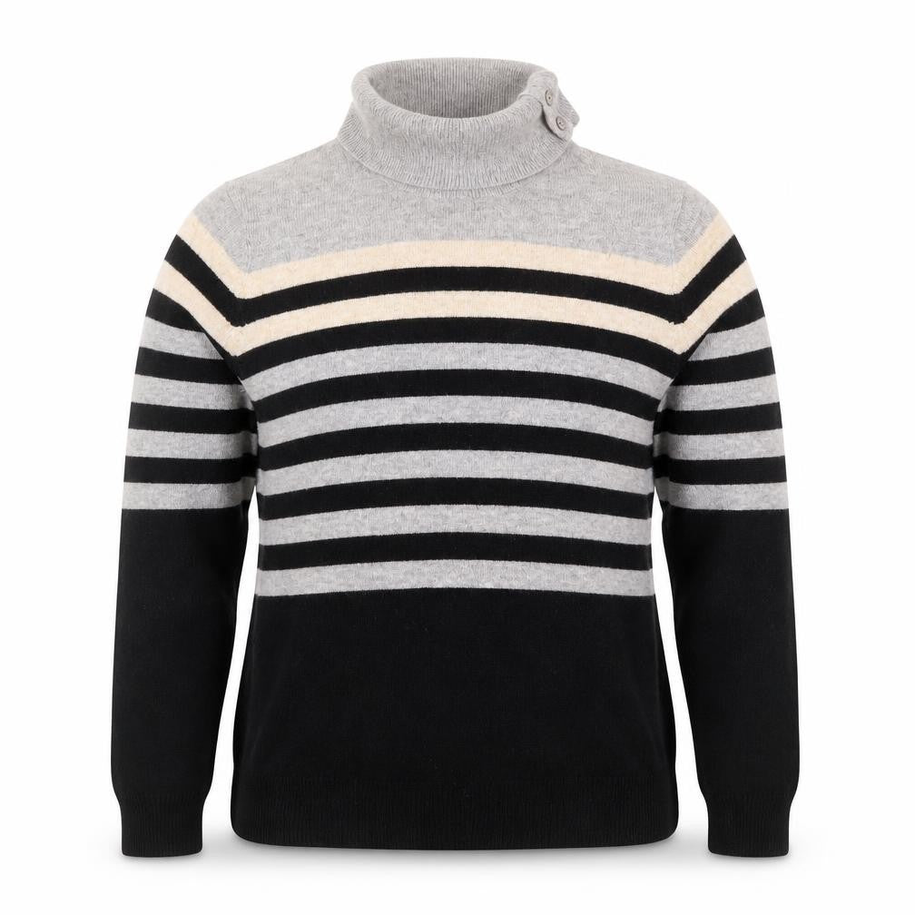 Country Casuals Women Grey Black Striped Roll Neck Long Sleeve Jumper M