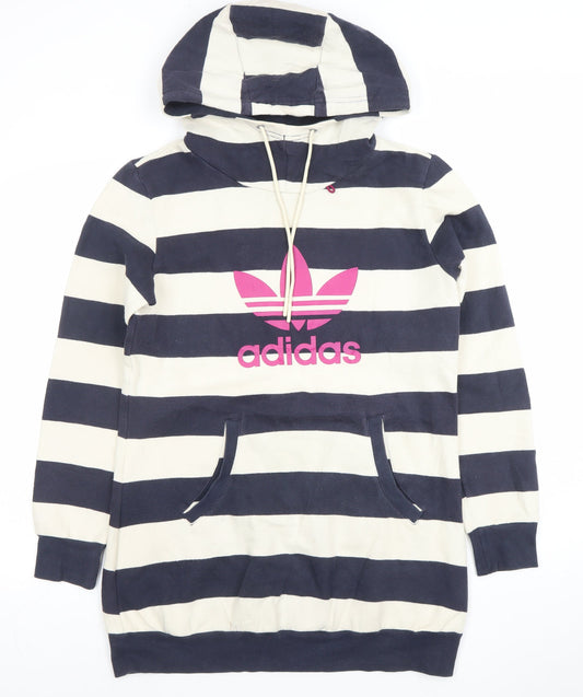 Adidas Women Navy & White Striped Pullover Hoodie Size 10 Cotton