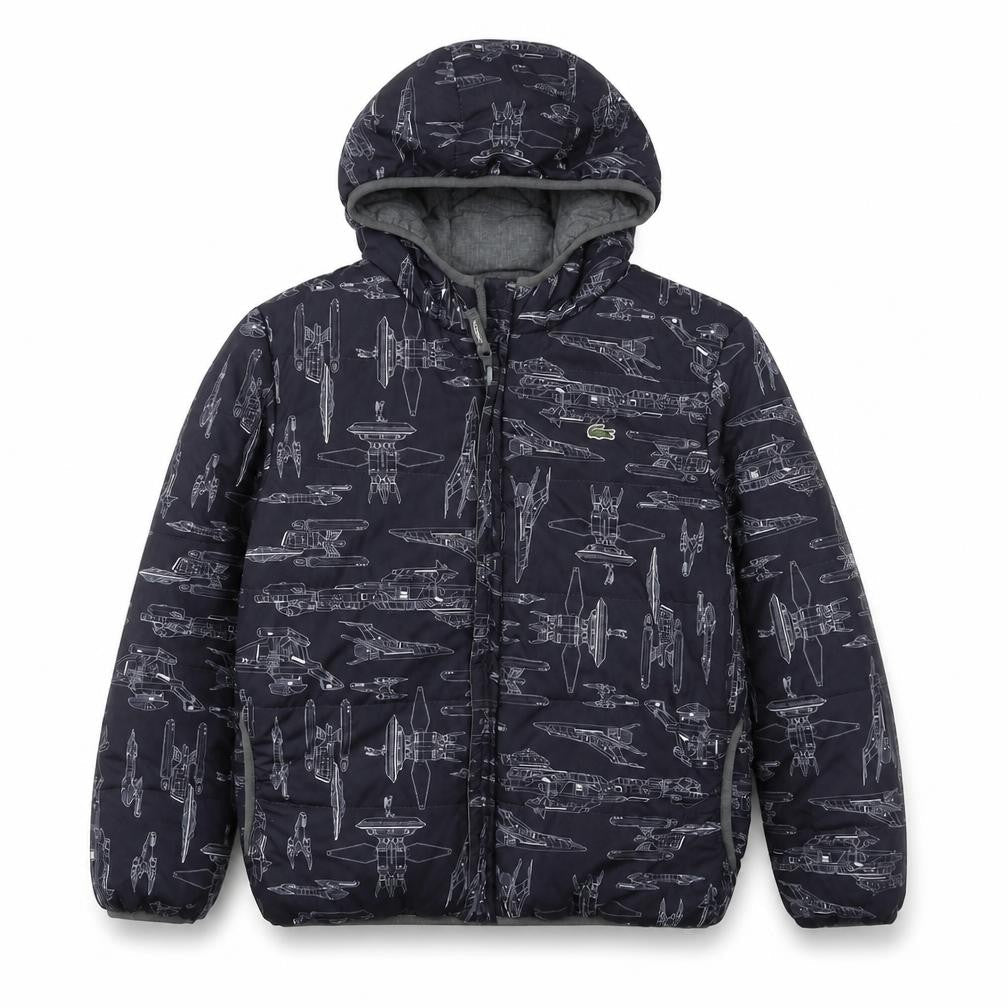 Front view of Lacoste boys’ black star wars hooded puffer jacket 10 years insulated winter coat