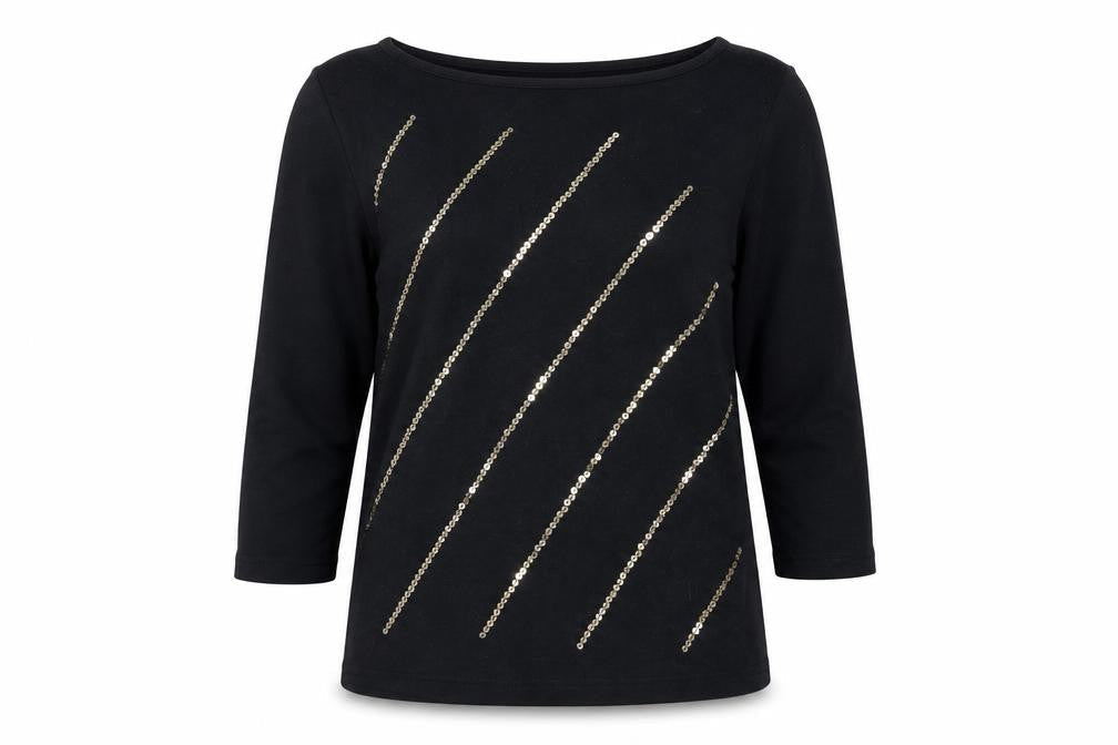 Marks and Spencer Women's Black Sequin 3/4 Sleeve Boat Neck T-Shirt UK 14