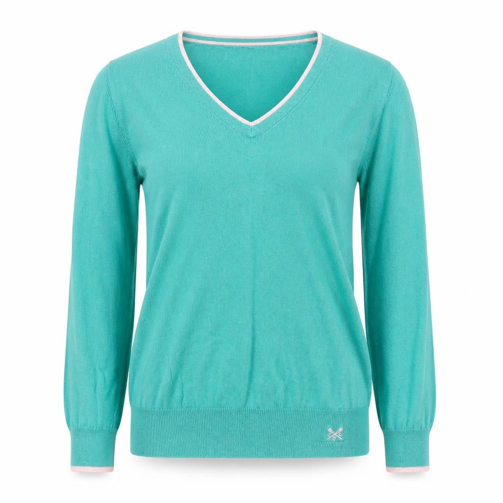 Front view of Crew Clothing Women's Green, size 8, V-Neck Cotton Cashmere Sweater