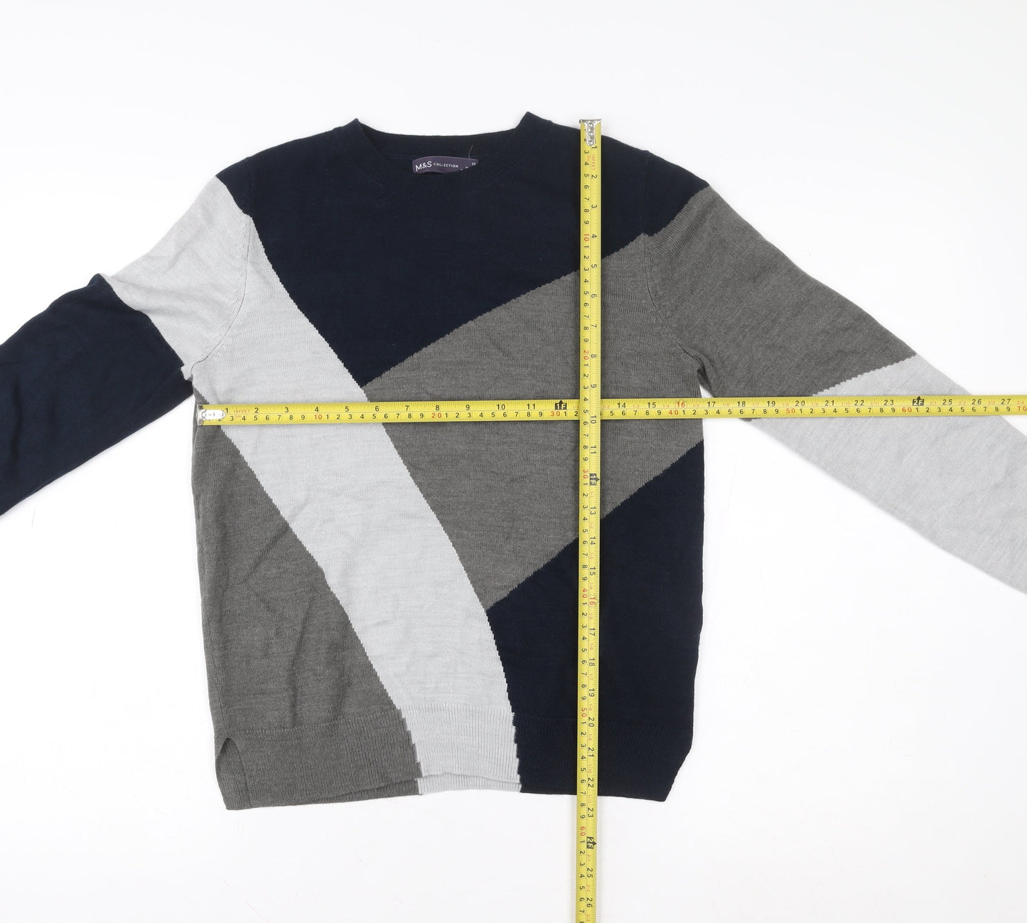 Marks and Spencer Womens Grey Blue Geometric Crew Neck Pullover Size 10