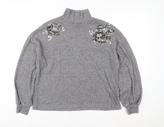 F&F Women's Grey Sequin High Neck Pullover Sweatshirt Size 12